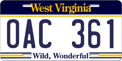 WV license plate OAC361