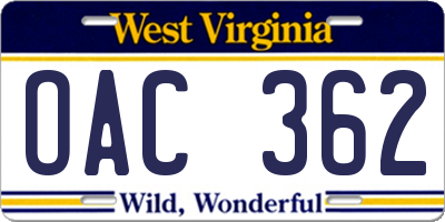 WV license plate OAC362
