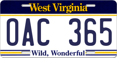 WV license plate OAC365
