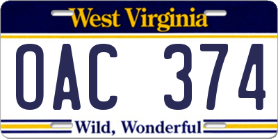 WV license plate OAC374