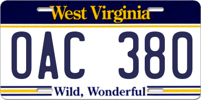 WV license plate OAC380
