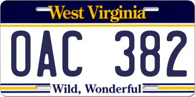 WV license plate OAC382