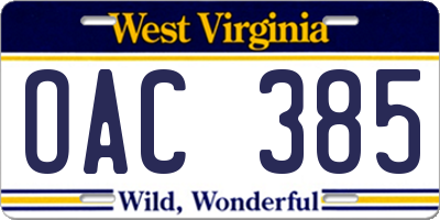 WV license plate OAC385