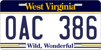 WV license plate OAC386