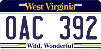 WV license plate OAC392