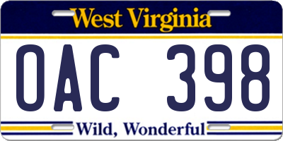 WV license plate OAC398