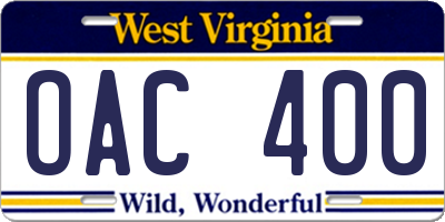 WV license plate OAC400