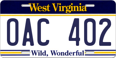 WV license plate OAC402