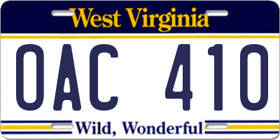 WV license plate OAC410