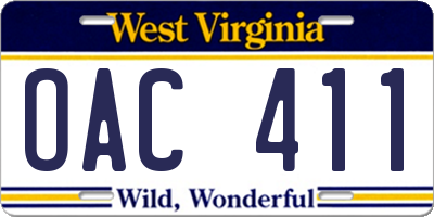WV license plate OAC411