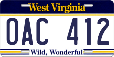 WV license plate OAC412
