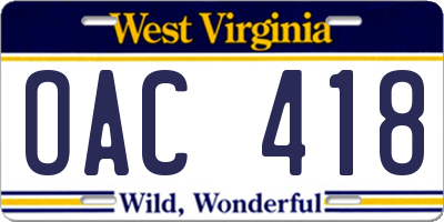 WV license plate OAC418