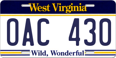 WV license plate OAC430