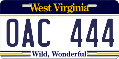 WV license plate OAC444