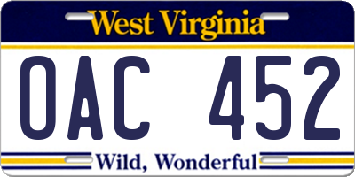 WV license plate OAC452