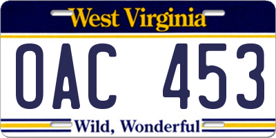 WV license plate OAC453