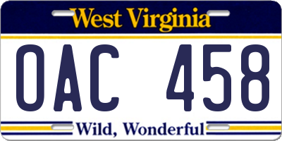 WV license plate OAC458