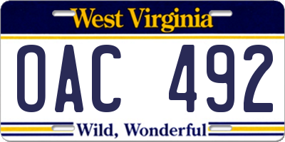 WV license plate OAC492