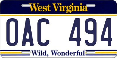 WV license plate OAC494
