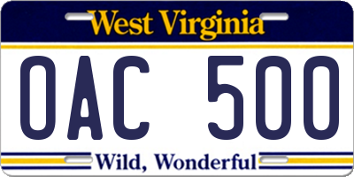 WV license plate OAC500
