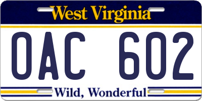 WV license plate OAC602