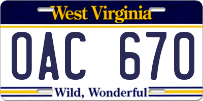 WV license plate OAC670