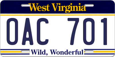WV license plate OAC701