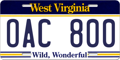 WV license plate OAC800