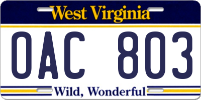 WV license plate OAC803