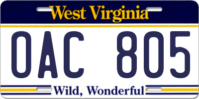 WV license plate OAC805