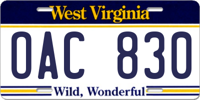 WV license plate OAC830