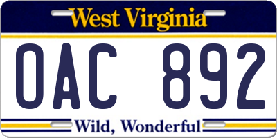 WV license plate OAC892