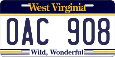 WV license plate OAC908