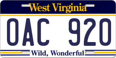 WV license plate OAC920