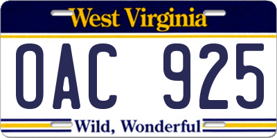 WV license plate OAC925