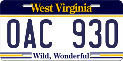 WV license plate OAC930