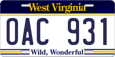 WV license plate OAC931