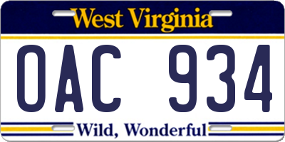 WV license plate OAC934