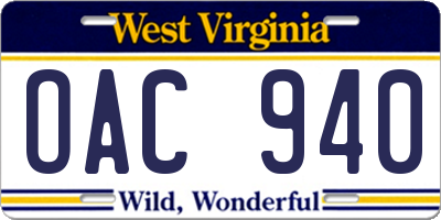WV license plate OAC940