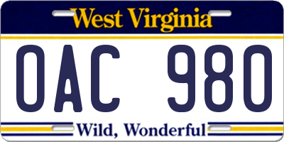 WV license plate OAC980