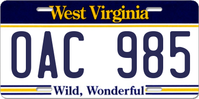 WV license plate OAC985