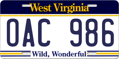 WV license plate OAC986