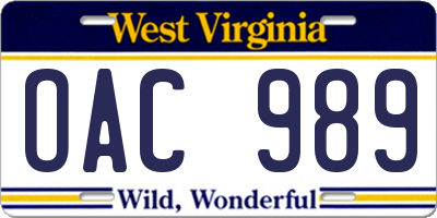 WV license plate OAC989