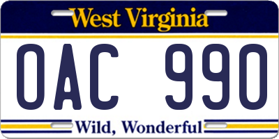 WV license plate OAC990
