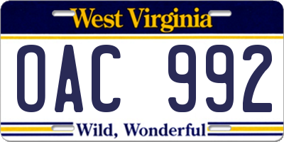 WV license plate OAC992