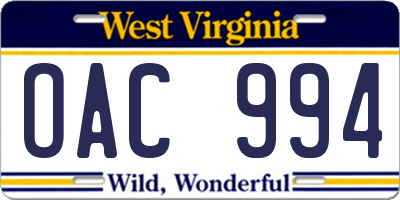 WV license plate OAC994