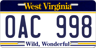 WV license plate OAC998