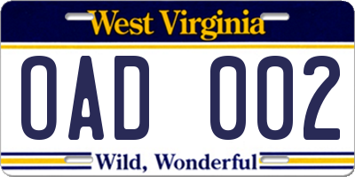 WV license plate OAD002