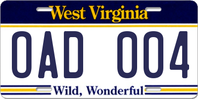 WV license plate OAD004
