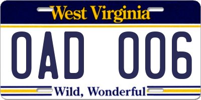 WV license plate OAD006